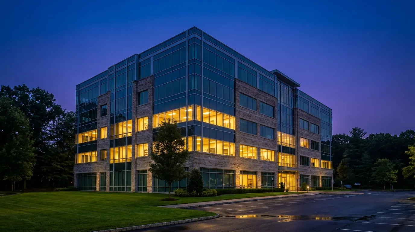 An office park in Westchester County at dusk